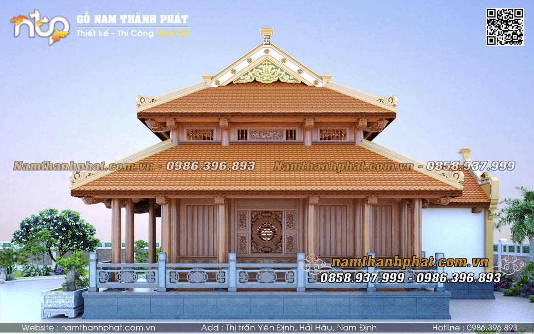 Phần hiên nhà gỗ 3 gian thông nhau chạy quanh 3 mặt siêu rộng